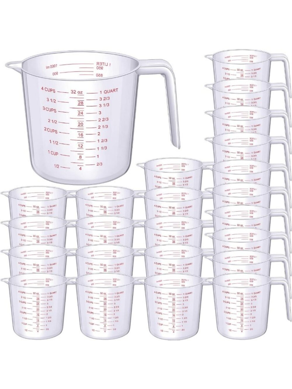24 Pcs Clear Plastic Measuring Cups with Spout & Handles - 1000ml, Ounce & ML